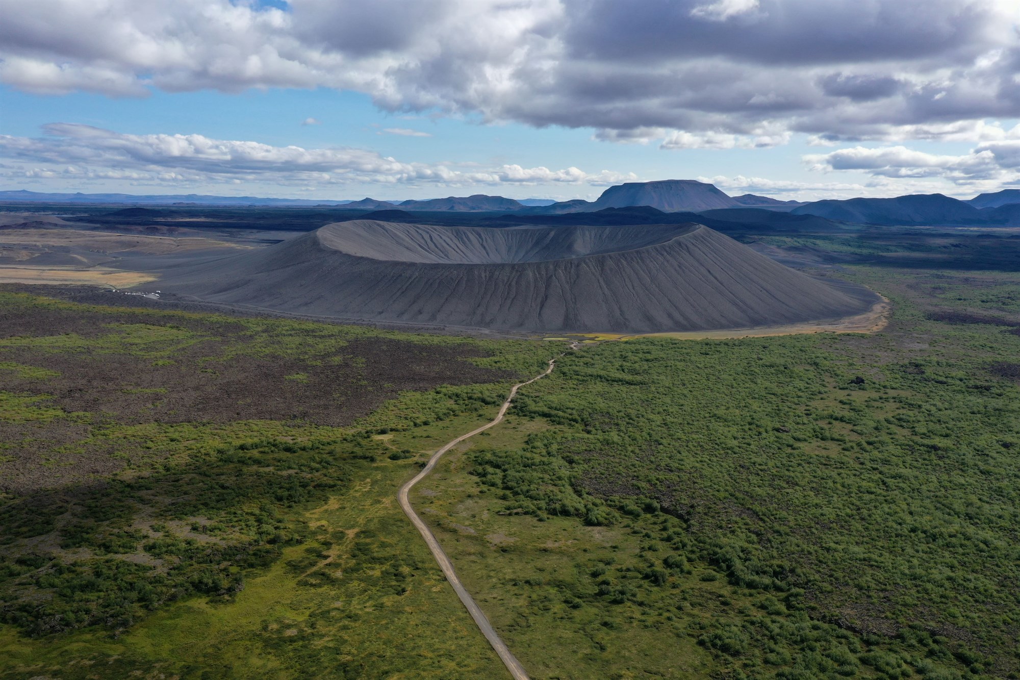 Aerial shot of the Hverfjall volcano crater in Iceland