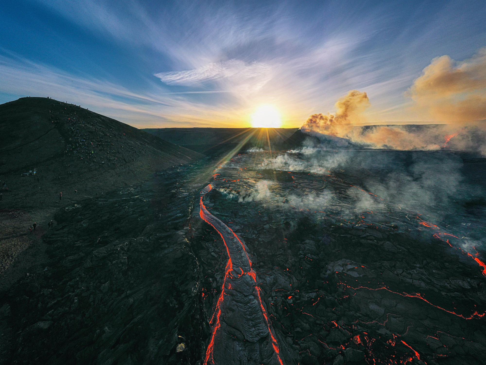 Sunrise over volcanic eruption at Fagradalsfjall in Iceland