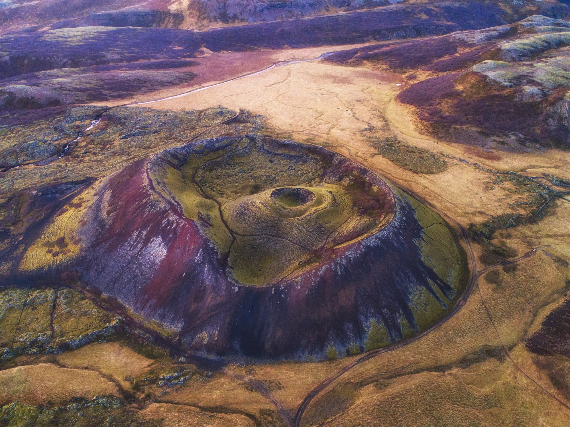 Aerial shot of a volcanic crater in Iceland