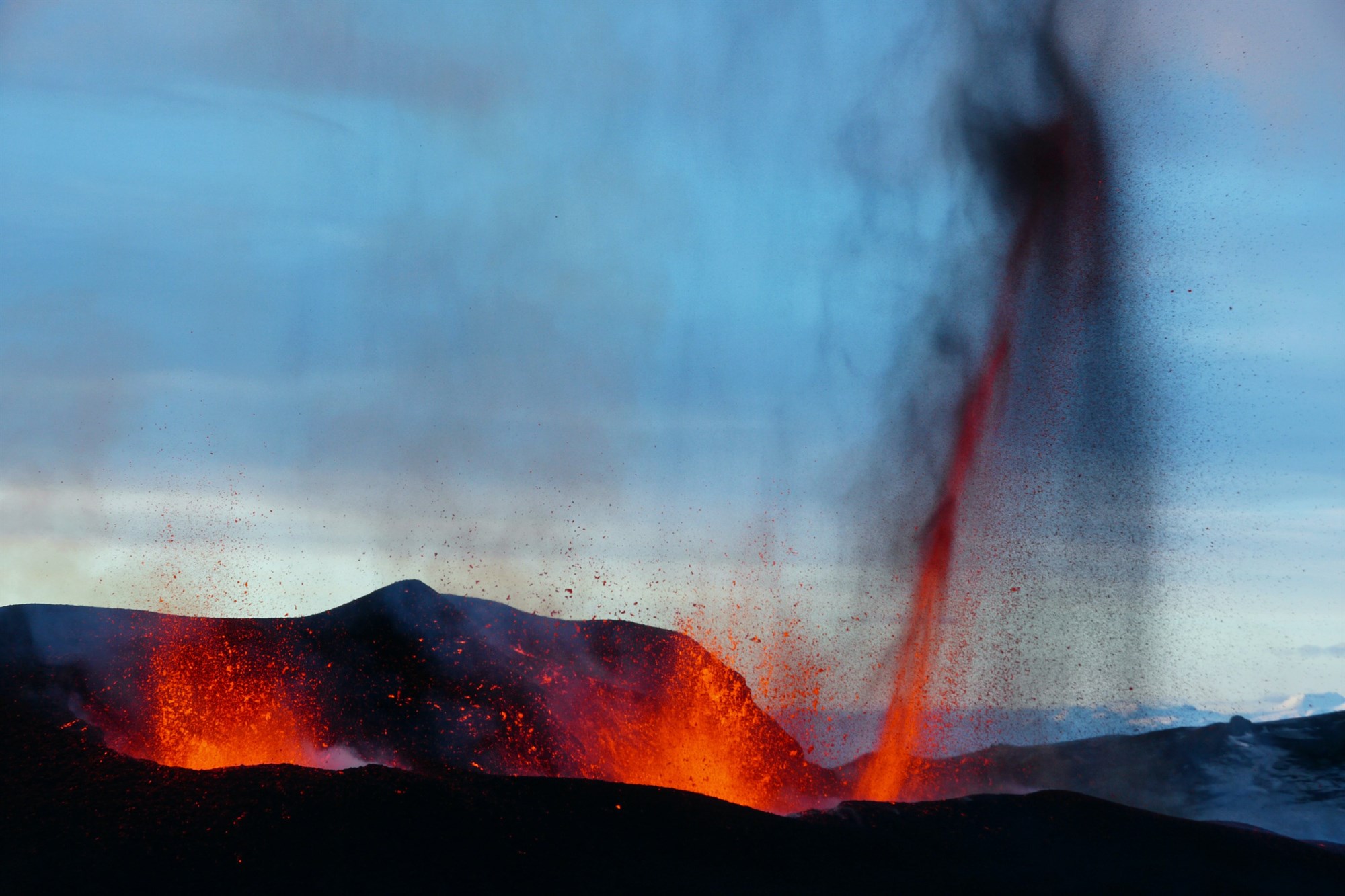 Lava flowing from eruption at Eyjafjallajökull in Iceland